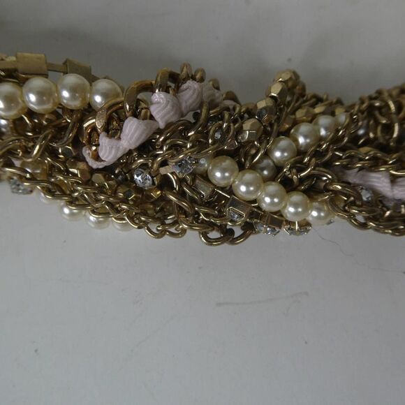 Mixed Material Braided Woven Bib Statement Necklace Fabric Pearl Rhinestones - Picture 4 of 10